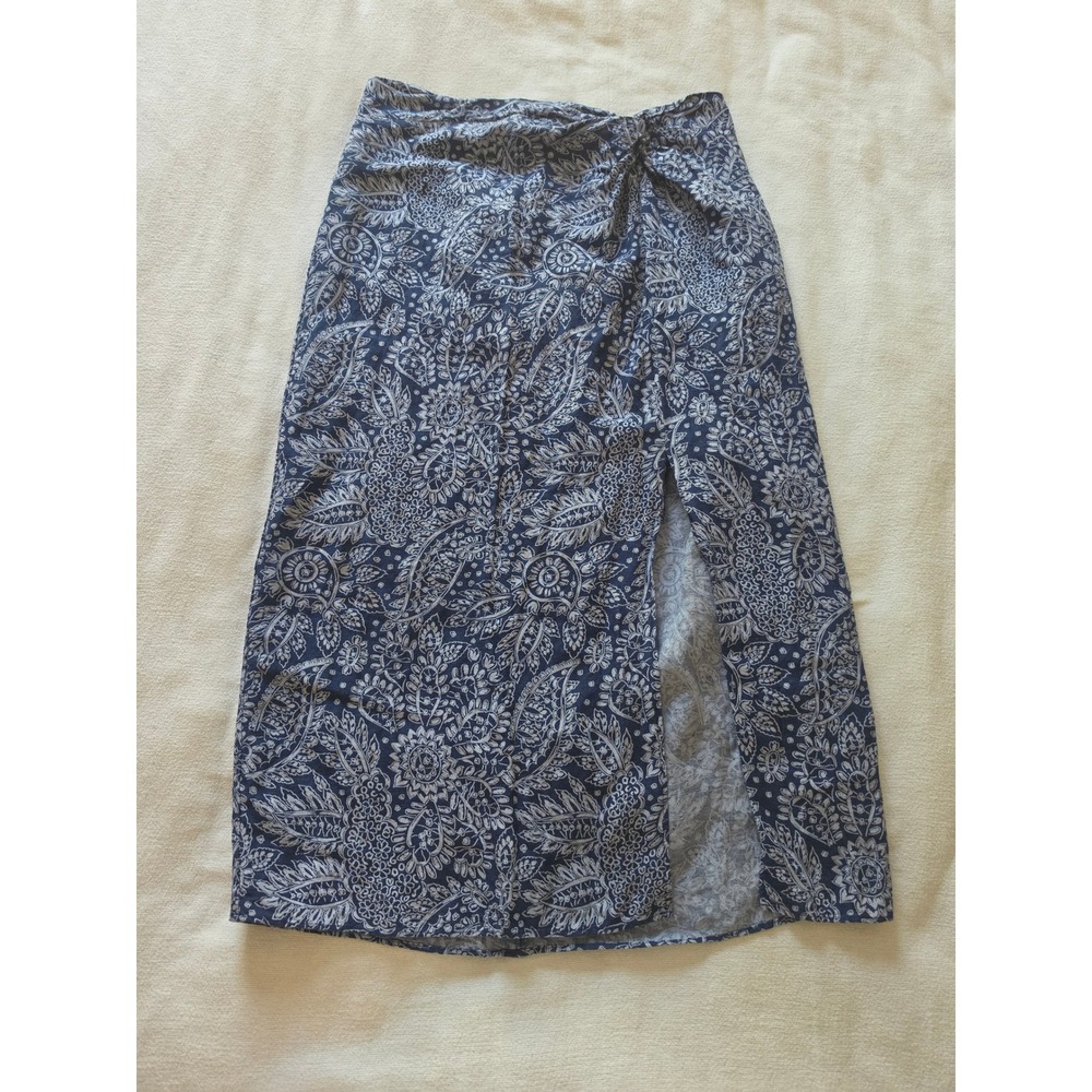 Madewell Navy Paisley Linen Blend Faux Wrap Midi Skirt with Slit Size 2